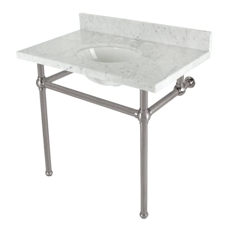 Kingston Brass 36 Console Sink with Brass Legs 8Inch, 3 Hole, Marble WhiteBrushed Nickel KVBH3622M88